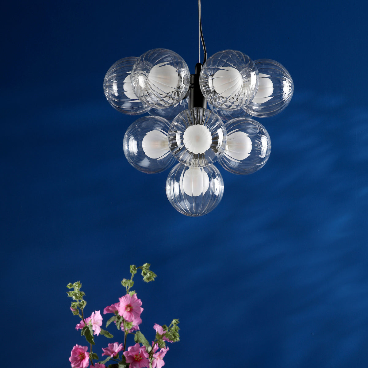A modern chandelier with multiple clear glass globes, each containing a white light bulb, against a deep blue wall. Pink flowers are visible in the bottom left corner.
