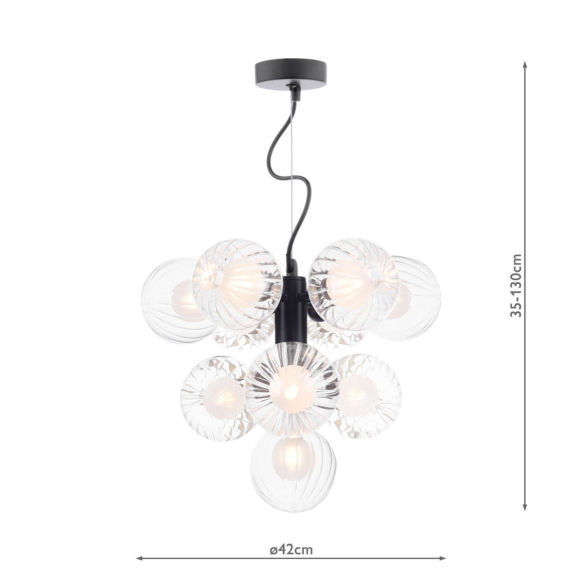 Black ceiling light with nine clear, textured glass globes, showing dimensions of 35-130cm height and 42cm width. 