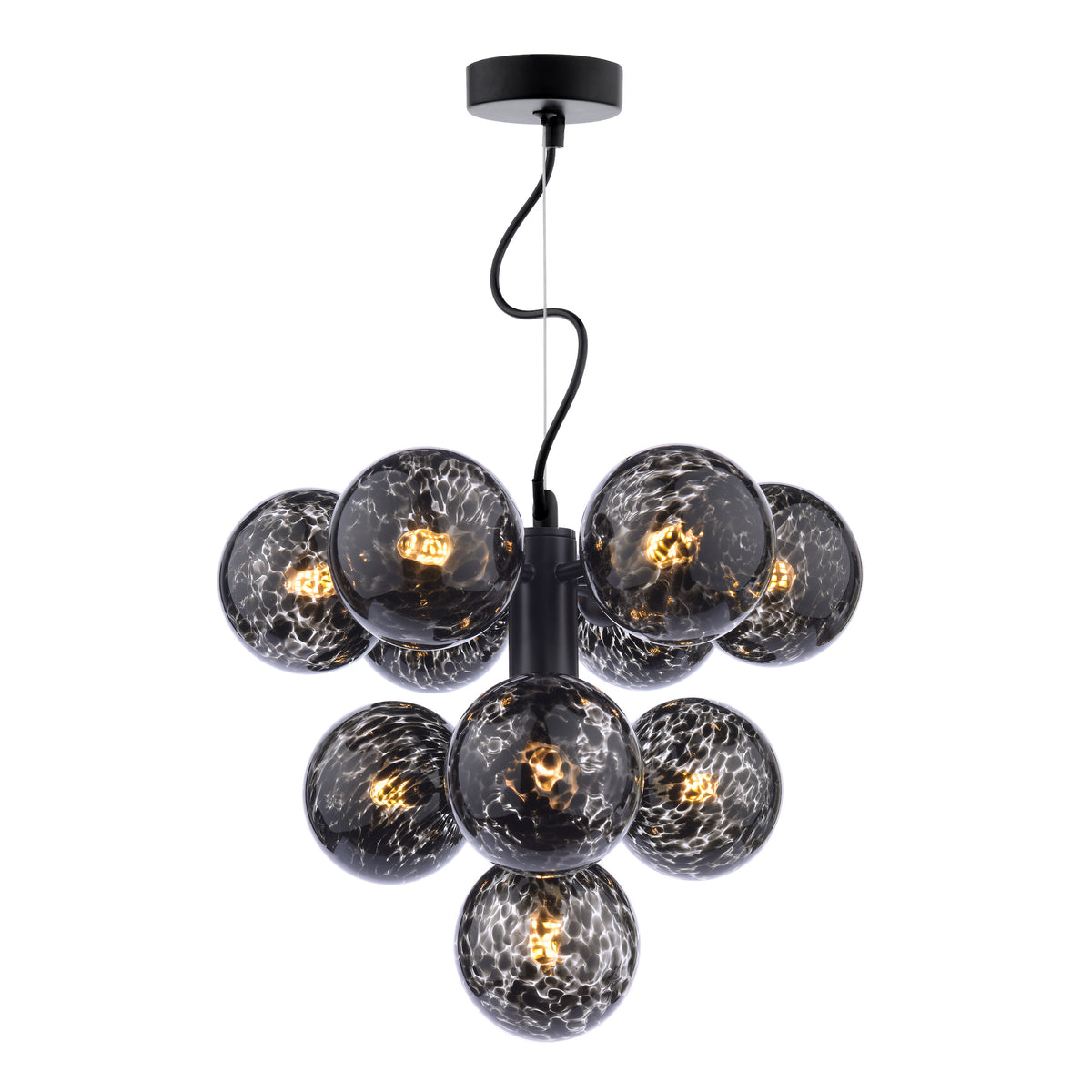 Black ceiling light with nine round, textured glass shades