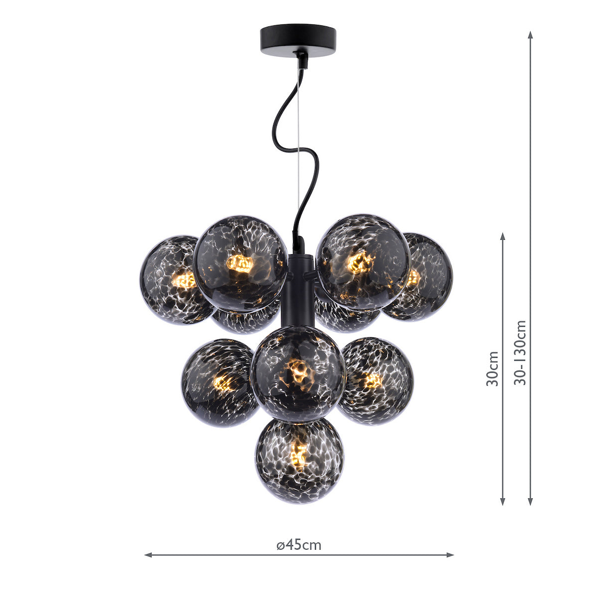 Black chandelier with nine leopard print glass globes, dimensions 45cm wide and 30-130cm high