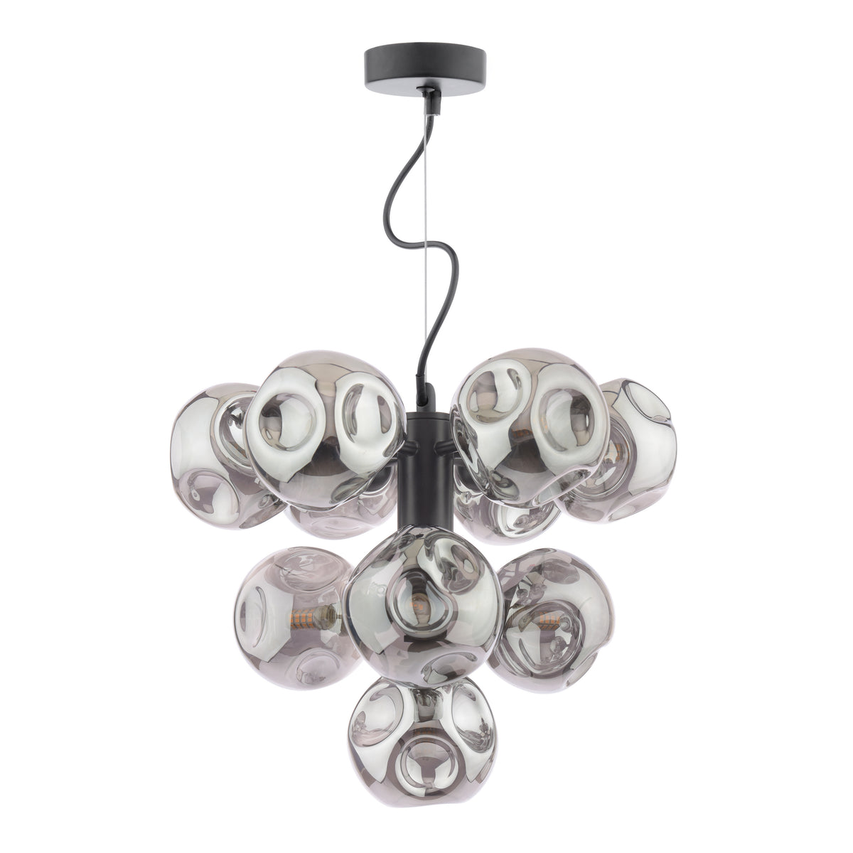 Modern chandelier with multiple grey glass globes, each containing a light bulb, suspended from a black ceiling mount
