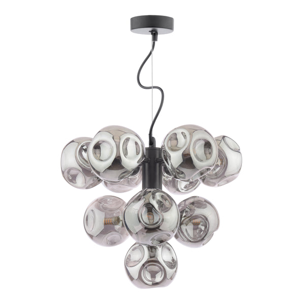 Modern chandelier with multiple grey glass globes, each containing a light bulb, suspended from a black ceiling mount