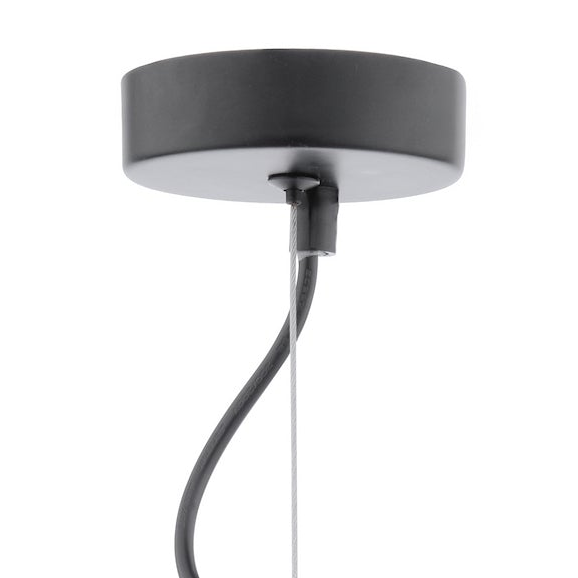 Black ceiling rose with a black cable and a thin wire extending downwards