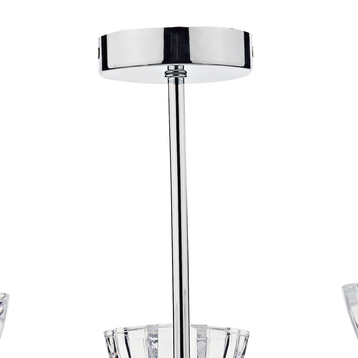 A close-up of a chrome ceiling rose and a metal rod connecting to a crystal light fixture.