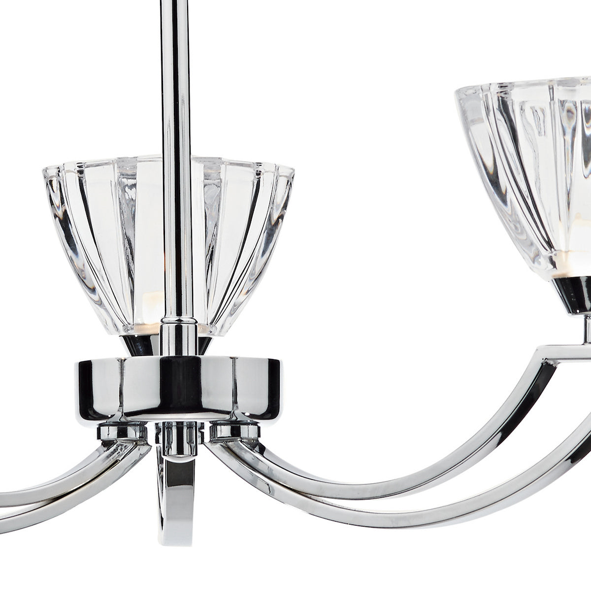 Close-up of a chrome chandelier with fluted glass shades.