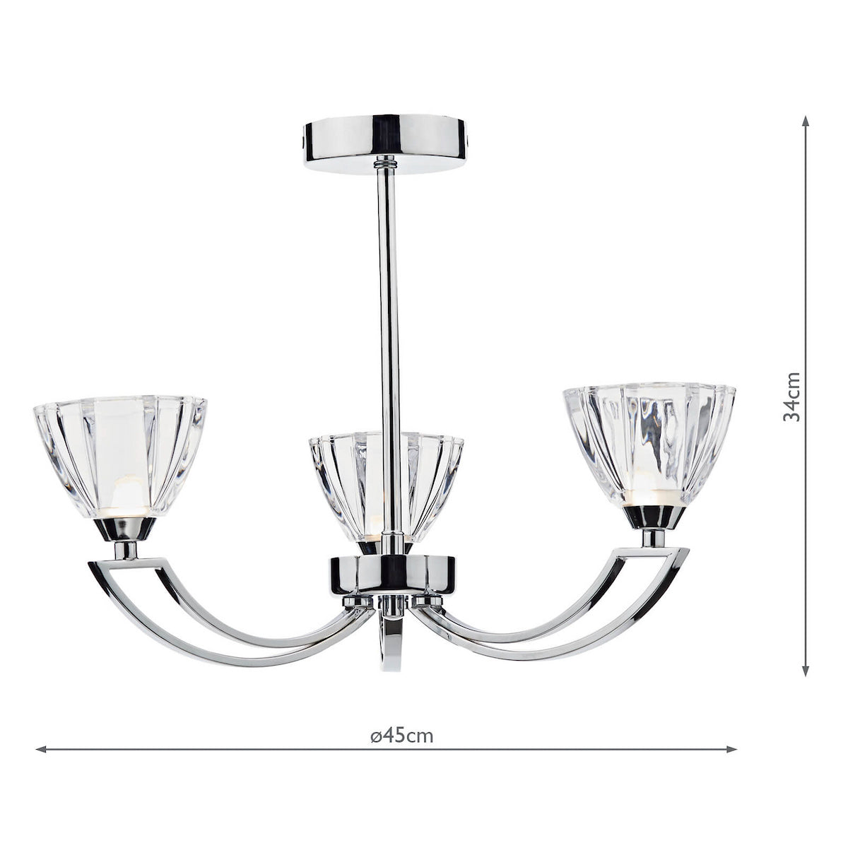 Chrome chandelier with three clear, fluted glass shades and dimensions of 34cm height and 45cm diameter.