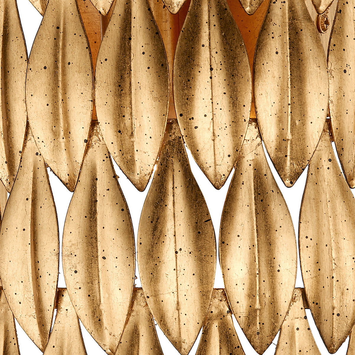 Close-up of a gold-colored, textured surface with a pattern of overlapping, leaf-like shapes.