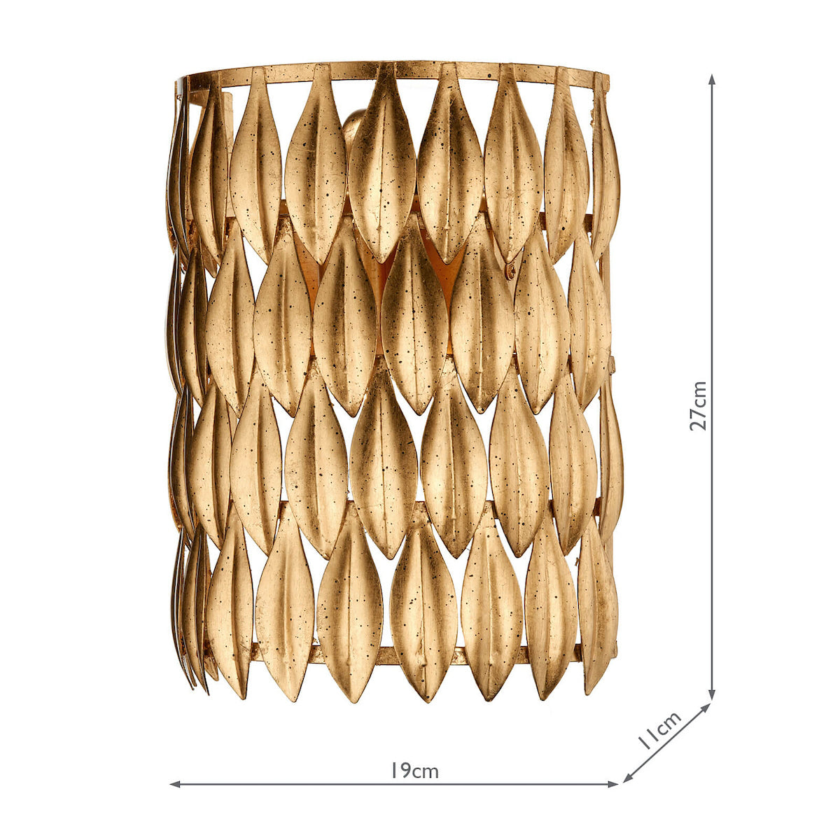 Gold leaf-shaped metal wall light with dimensions 27cm high, 19cm wide, and 11cm deep.