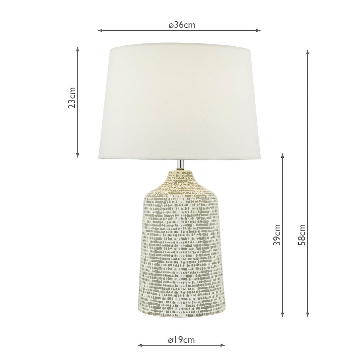 Table lamp with a textured ceramic base and a white fabric shade, showing dimensions.