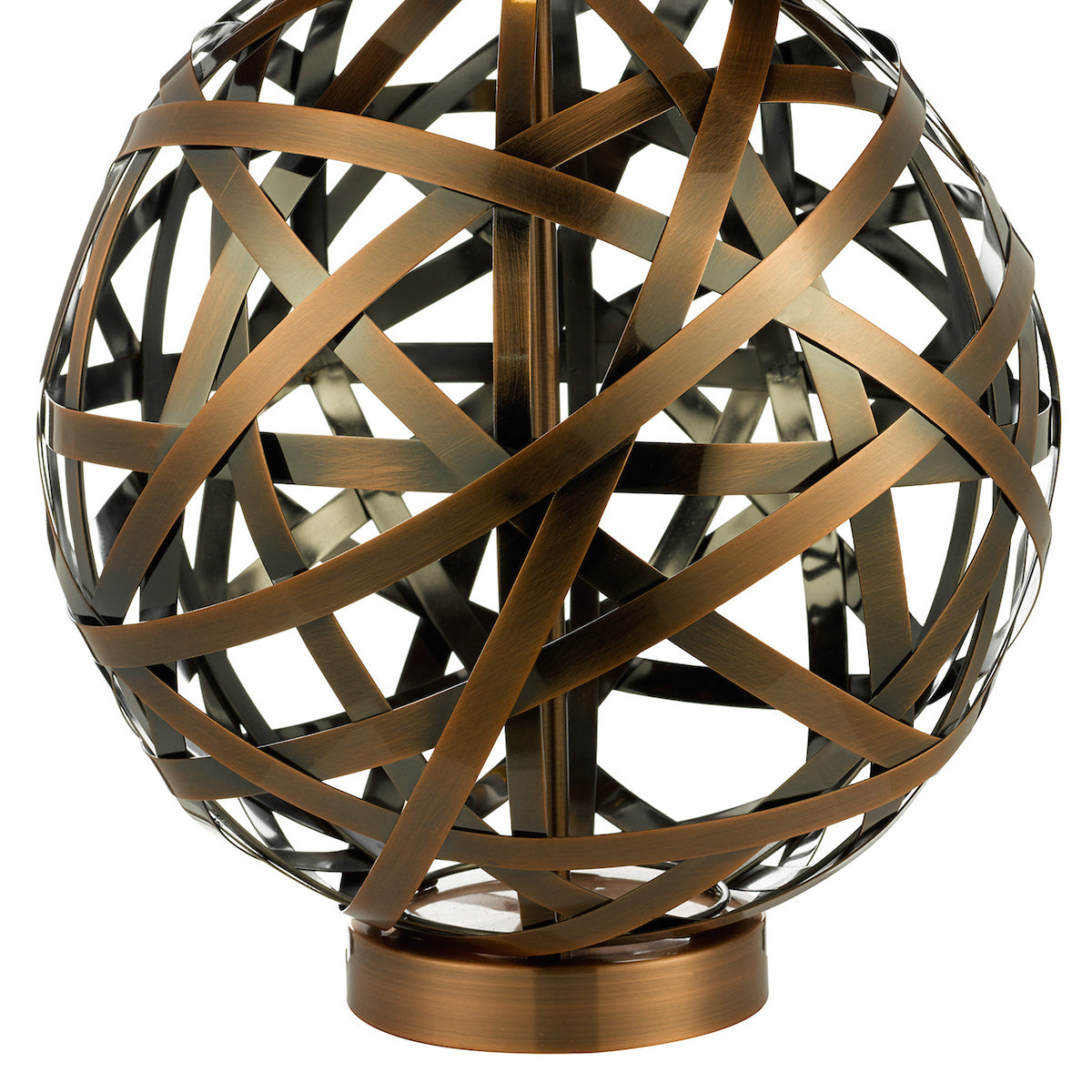 Bronze metal sphere with intersecting bands, sitting on a round base.