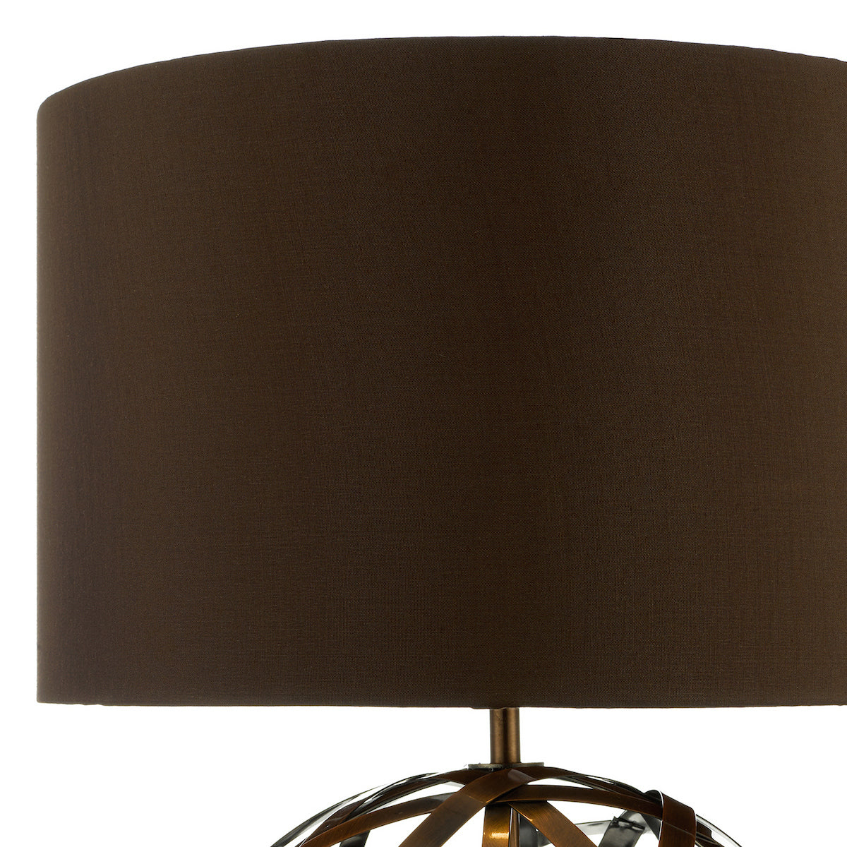 Close-up of a dark brown drum lampshade with a bronze-toned, spherical base.