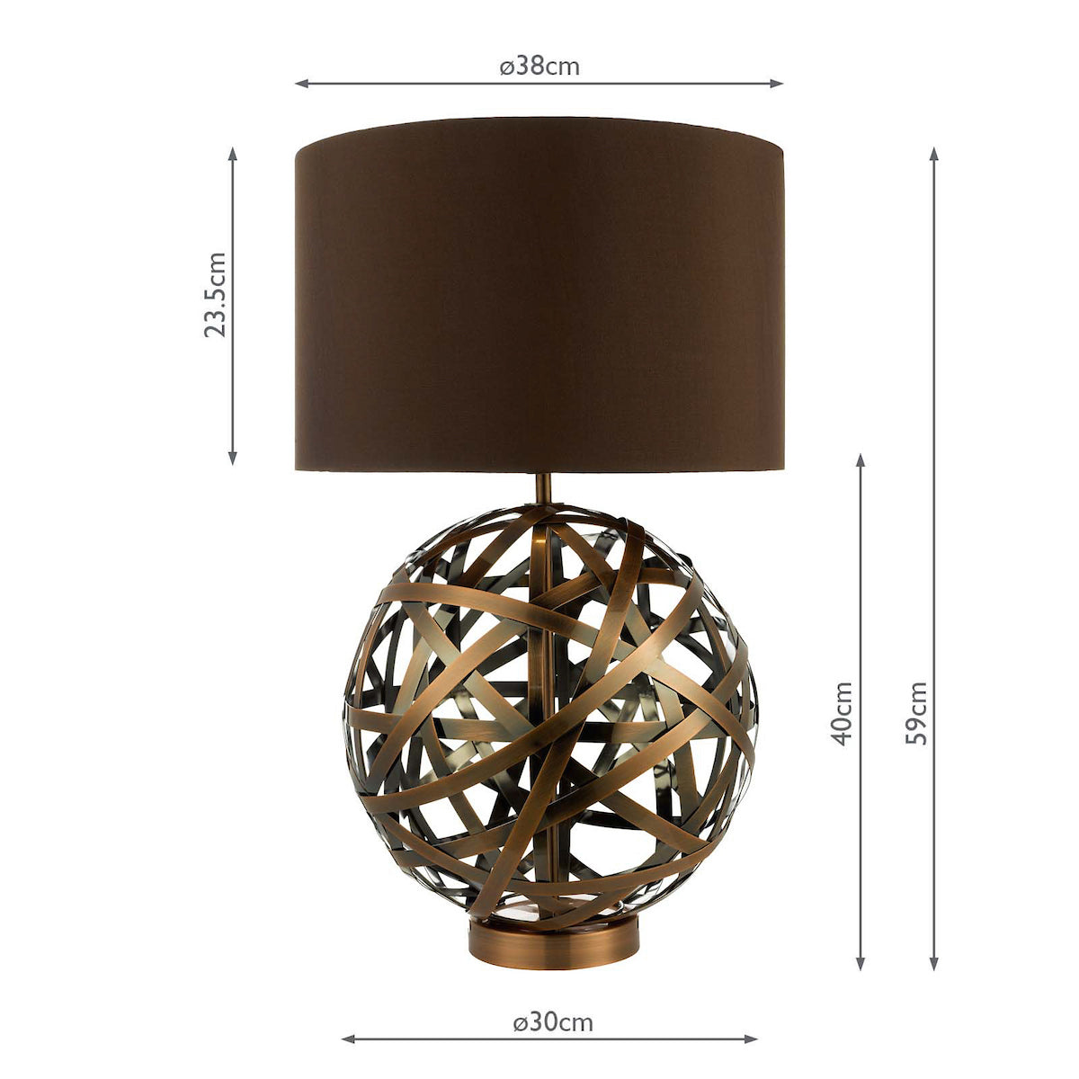 Bronze table lamp with a spherical, woven base and a dark brown drum shade, with dimensions.