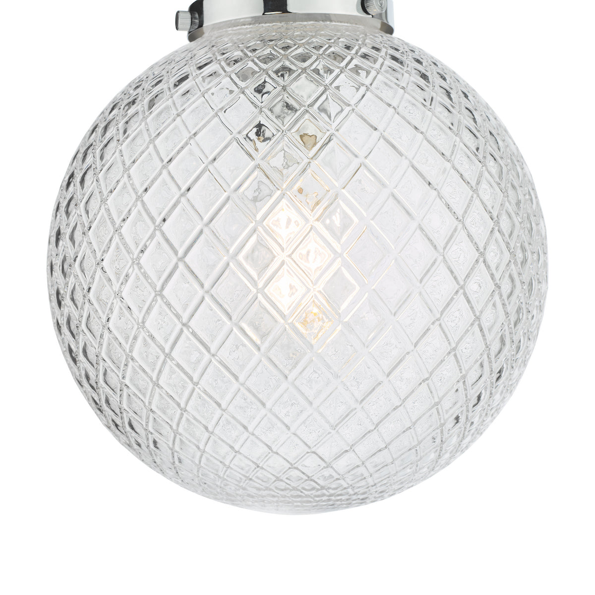 Close-up of a clear, textured glass globe light fixture with a visible bulb inside.