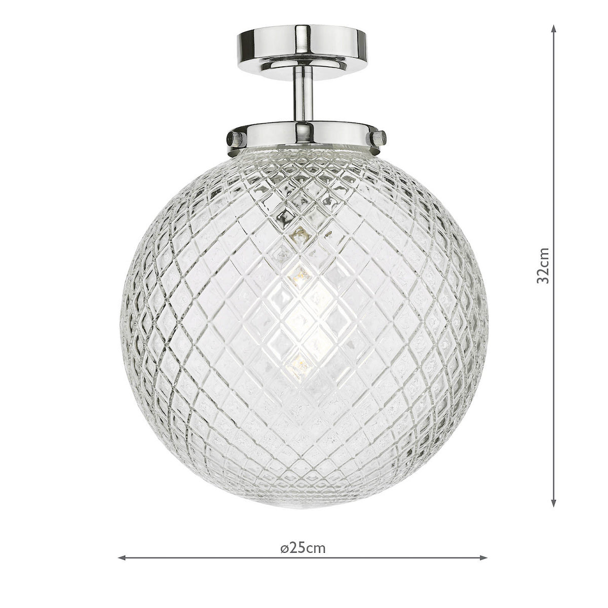 Round glass ceiling light with diamond pattern and chrome base, 32cm high, 25cm diameter.