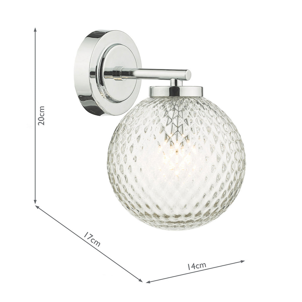 Chrome wall light with a textured glass globe shade, showing dimensions of 20cm height, 17cm depth, and 14cm width.