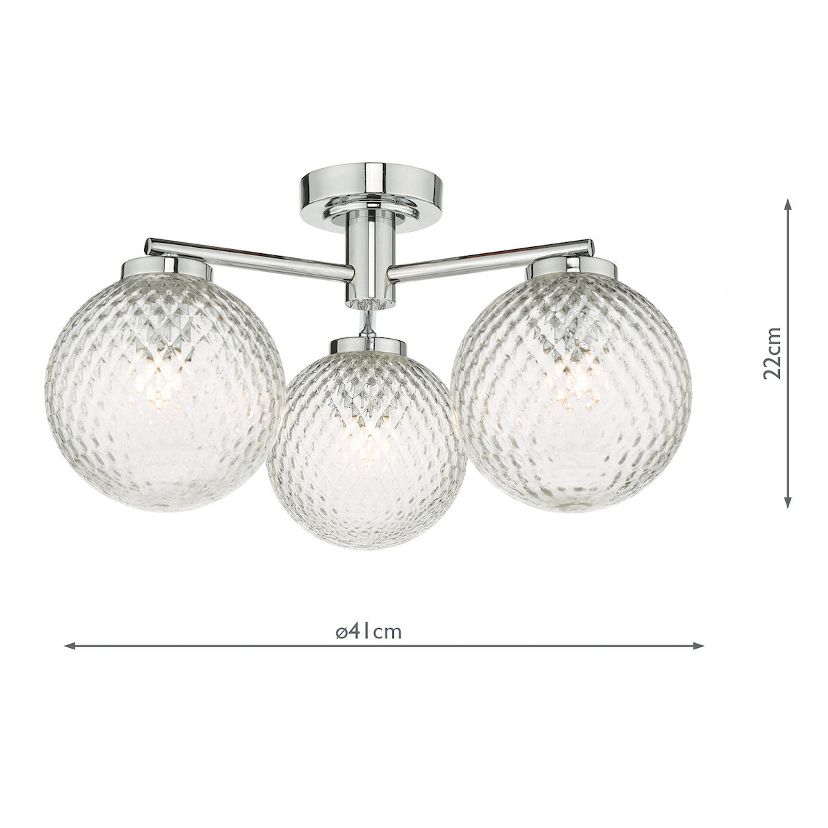 Three-light ceiling fixture with textured glass globes and chrome finish, 41cm wide, 22cm high.