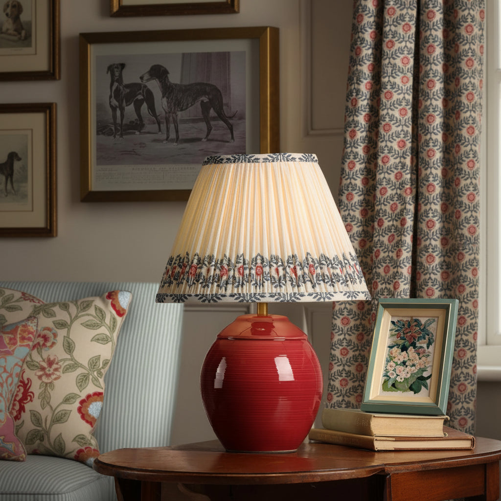 Wentworth Ceramic Table Lamp In Red with Pleated Ivory Linen Shade