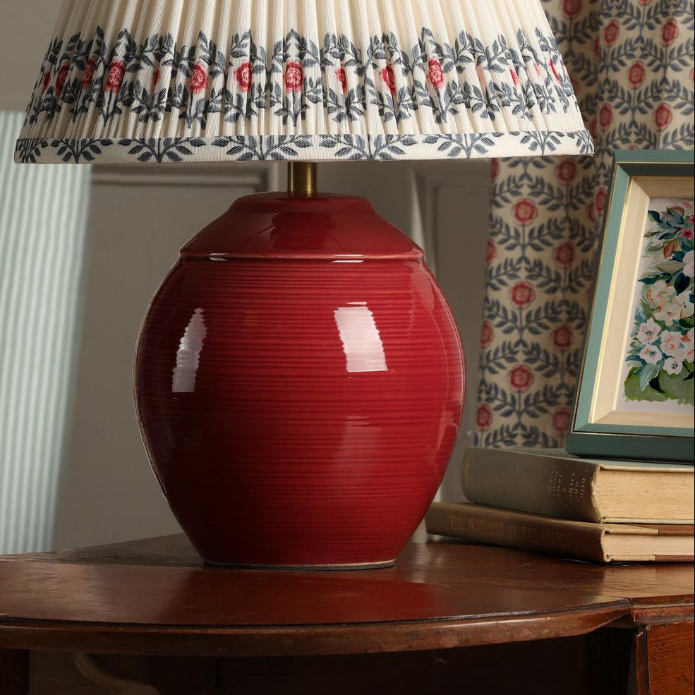 Wentworth Ceramic Table Lamp In Red with Pleated Ivory Linen Shade