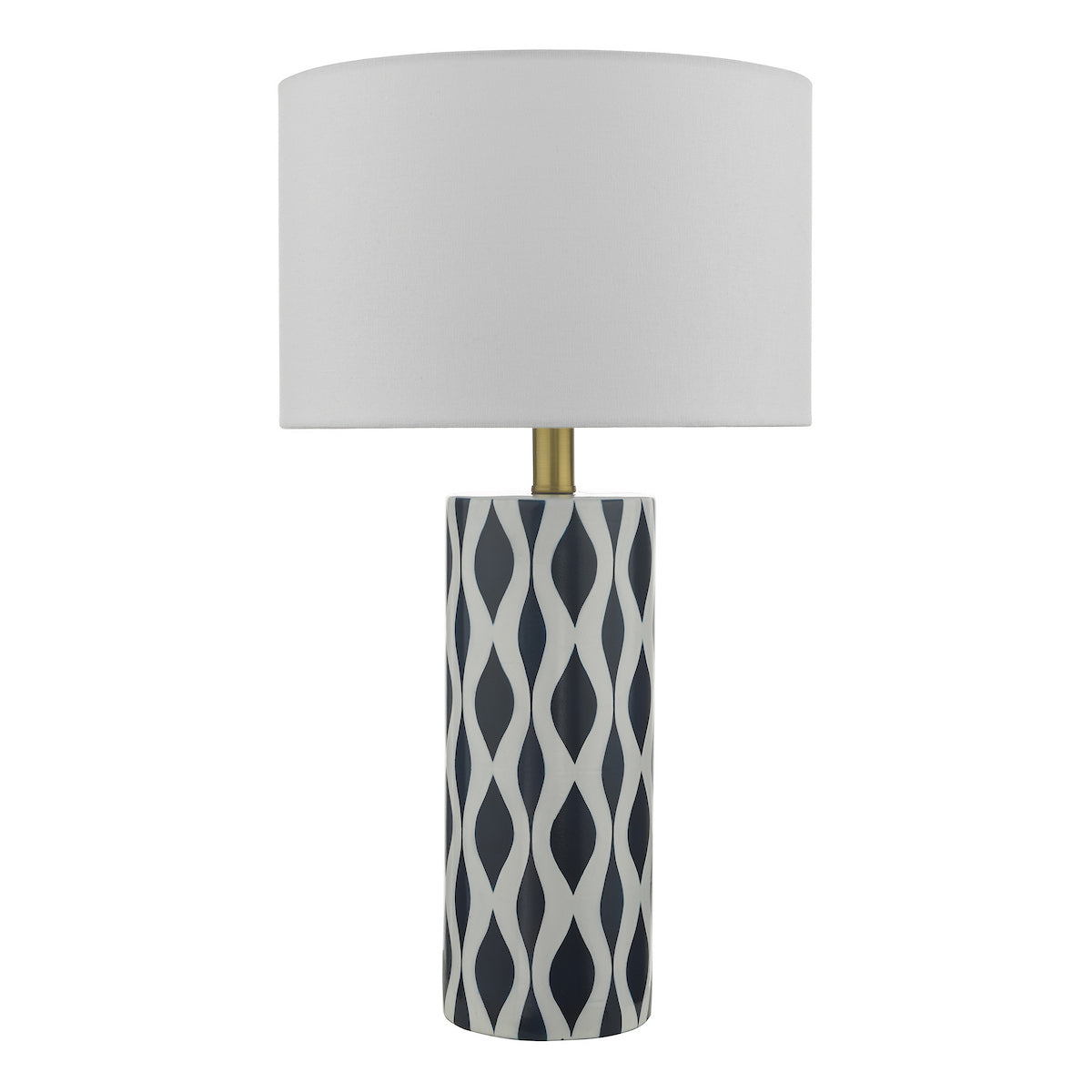 Table lamp with a white shade and a cylindrical base featuring a dark blue and white geometric pattern.