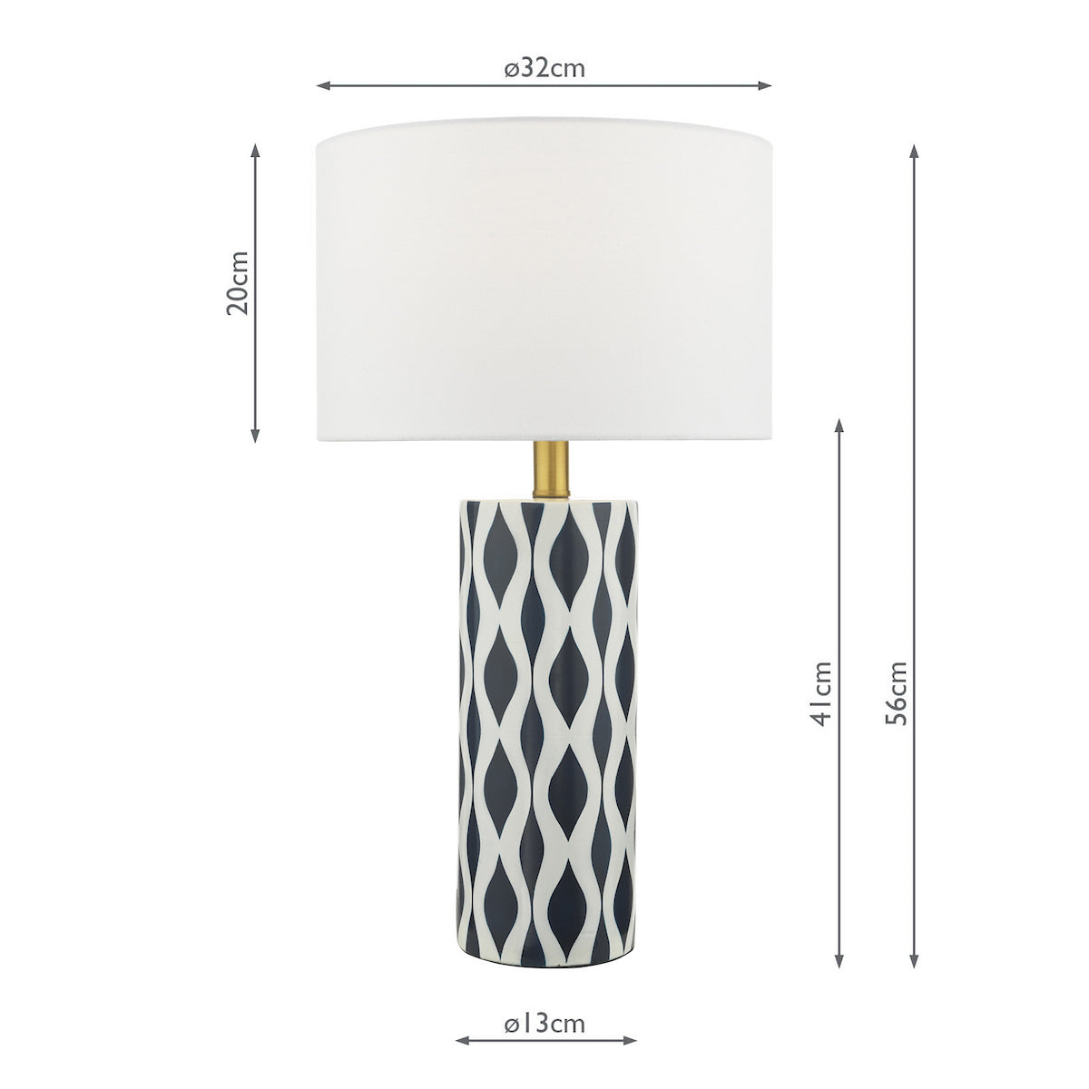 Table lamp with a white shade and a black and white patterned base, with dimensions shown.