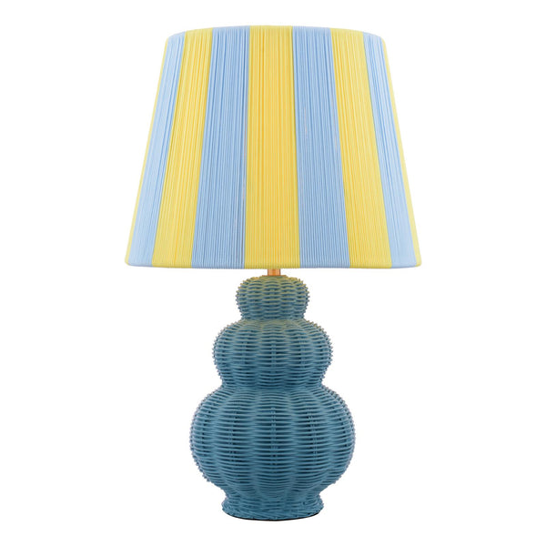 Blue and yellow striped pleated lampshade on a blue woven rattan base