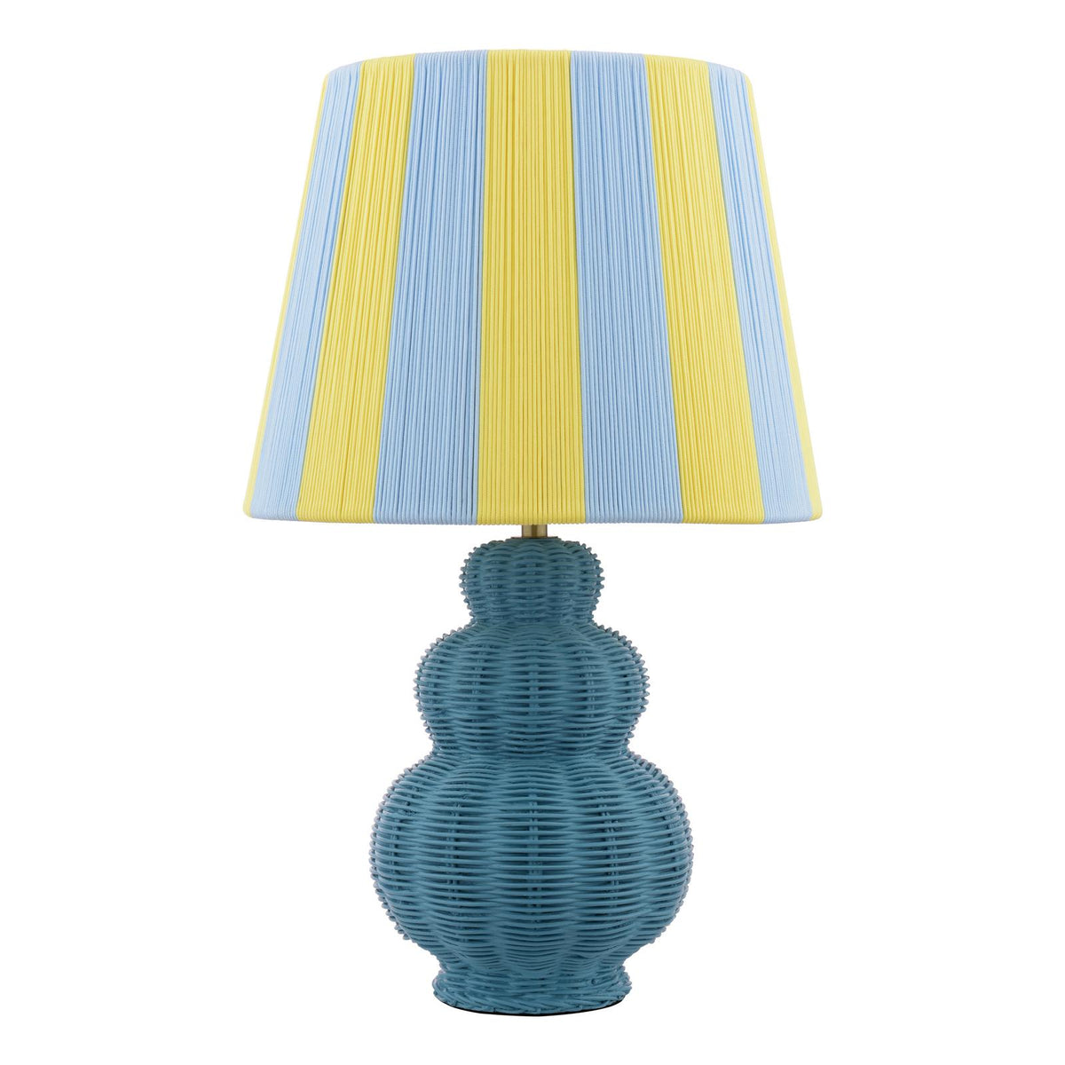 Blue woven rattan table lamp with a yellow and blue striped pleated fabric shade