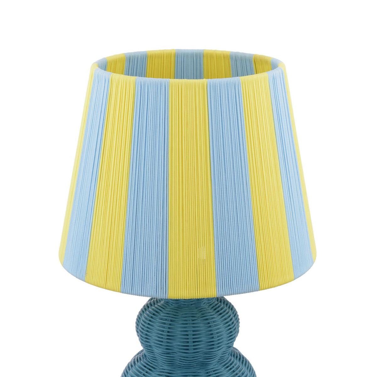 Joules Whitby table lamp with a matt blue woven base and a blue and yellow striped fabric shade