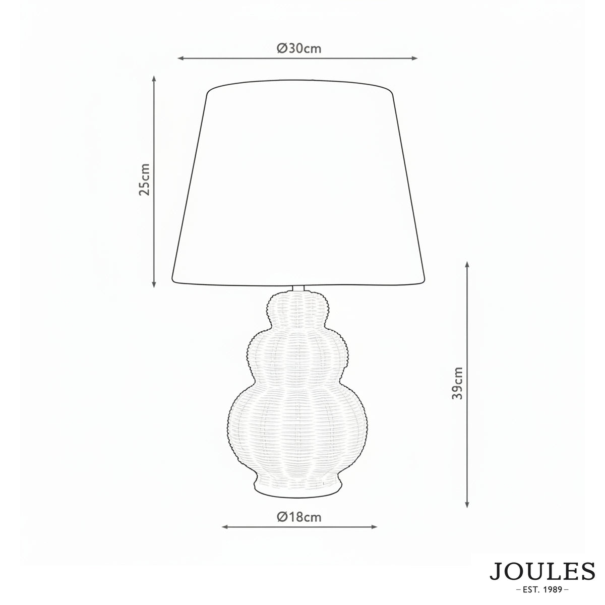 Dimensional line drawing of Joules Whitby table lamp showing height and width measurements in centimeters