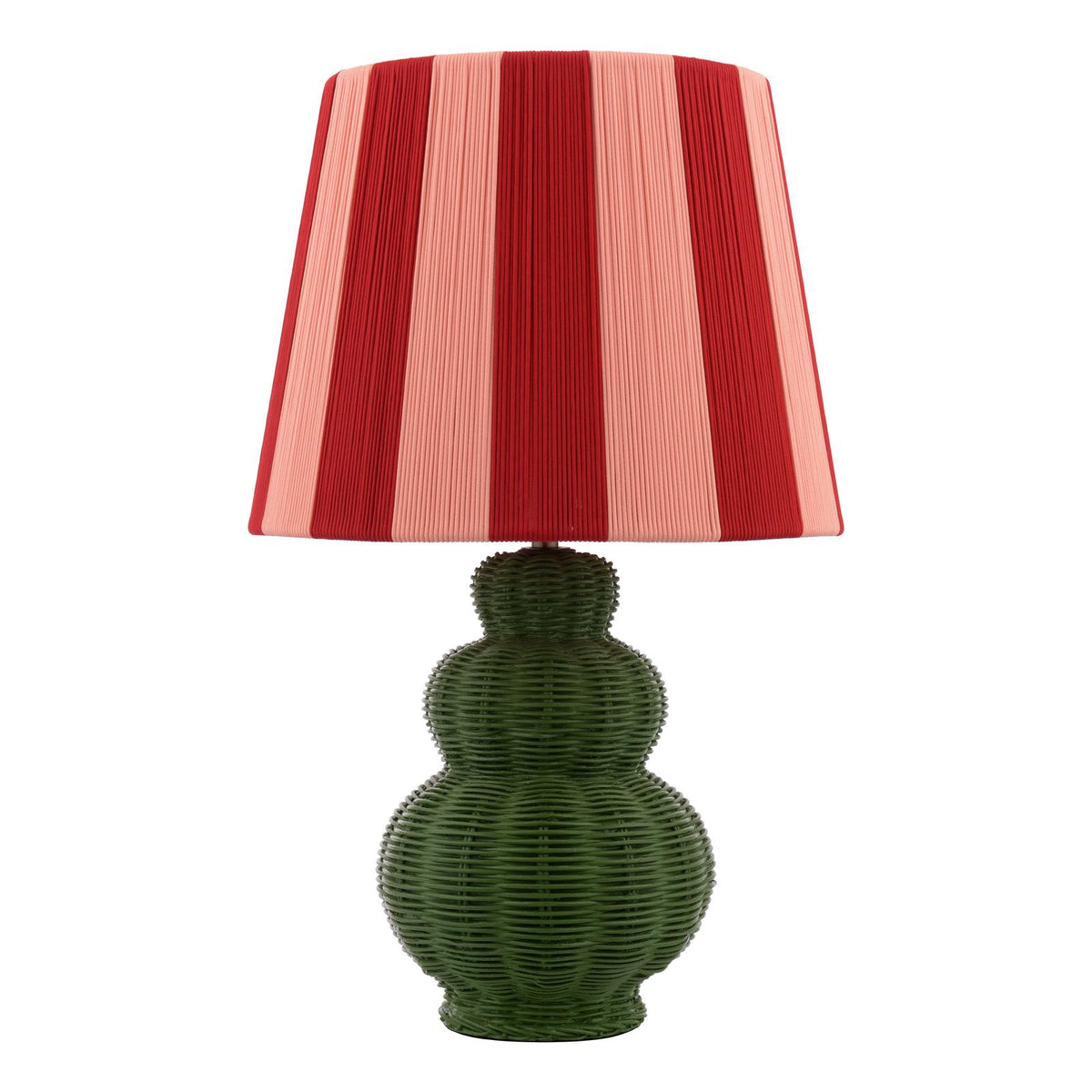 Table lamp with a green woven base and a red and pink striped fabric shade