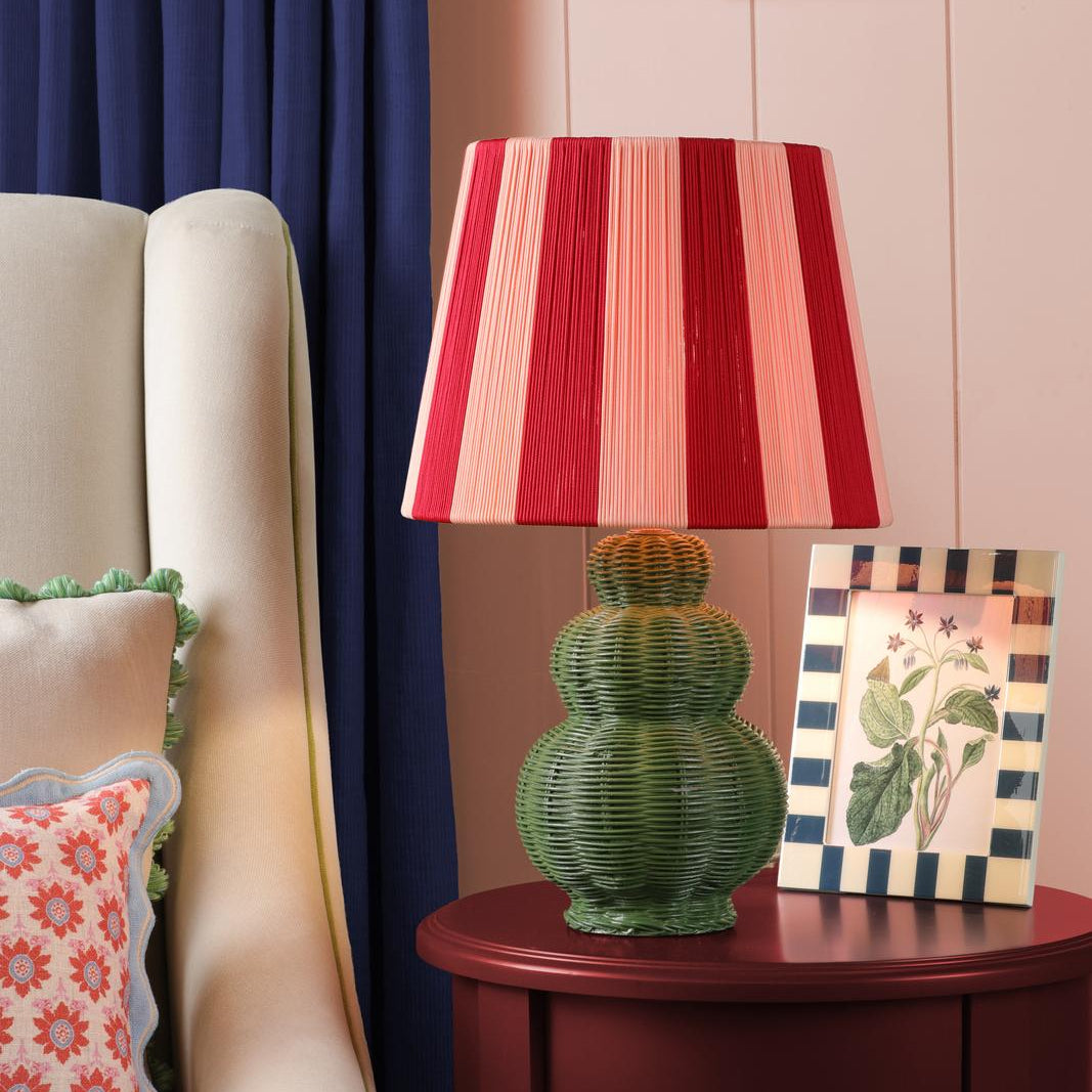 Whitby Table Lamp in Matt Green with Striped Red & Pink Fabric Shade