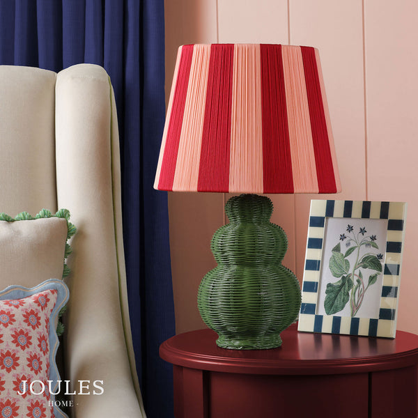 Whitby Table Lamp in Matt Green with Striped Red & Pink Fabric Shade