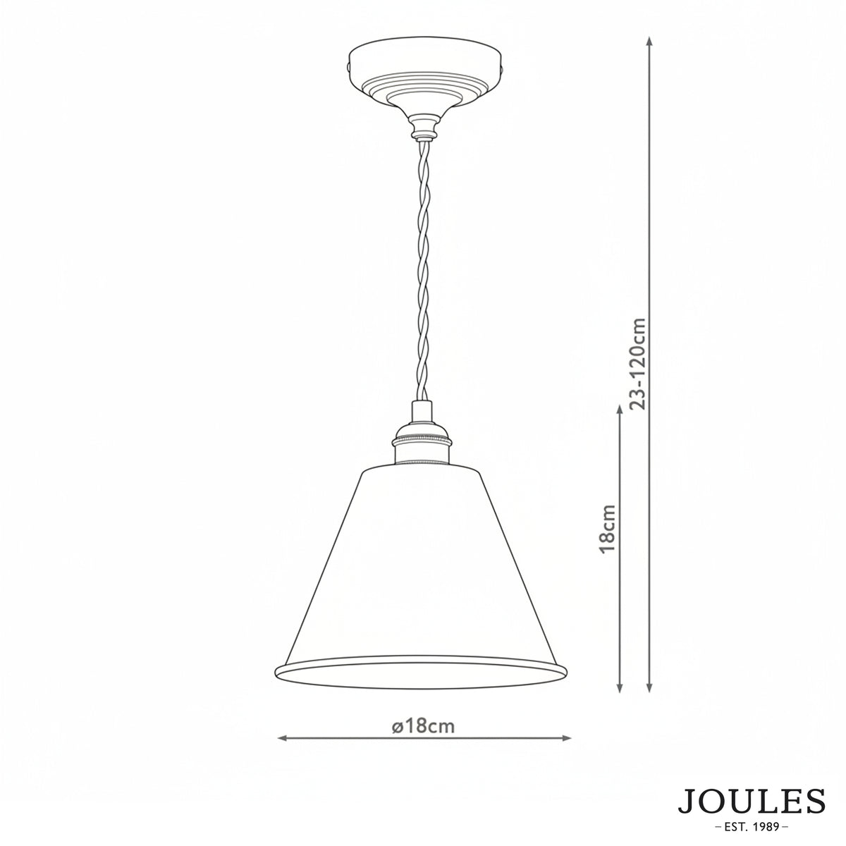 Technical line drawing showing dimensions of the Joules Wollaton pendant light