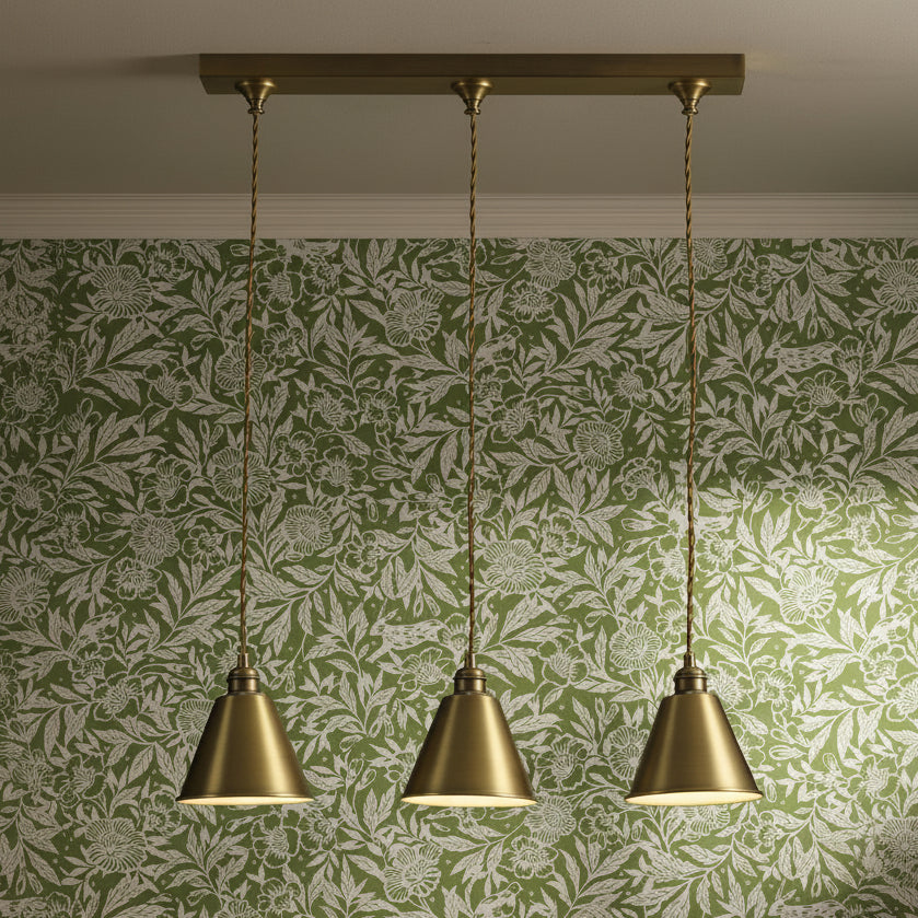 Joules Wollaton 3 drop linear pendant light in matt antique brass with white interior shades