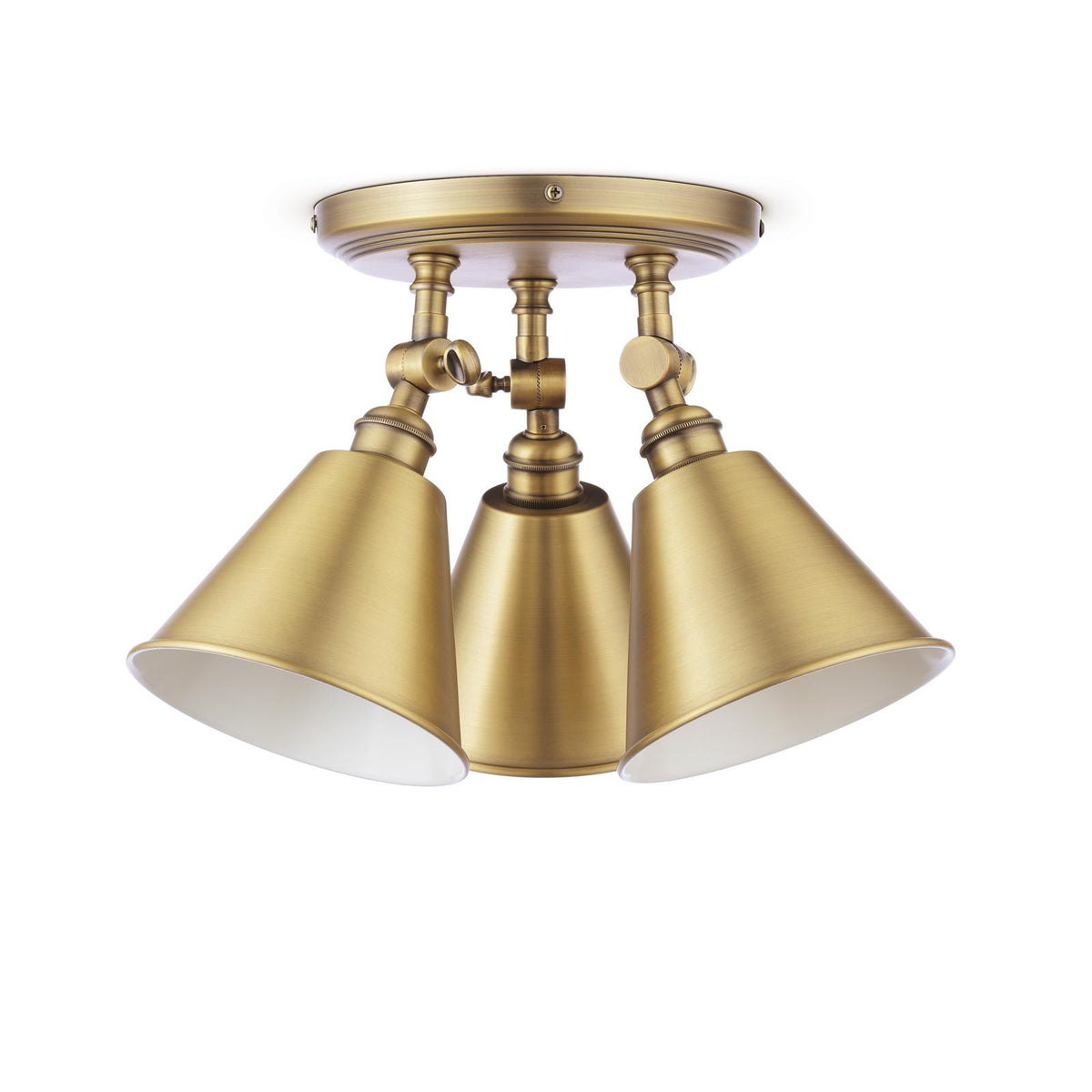 Wollaton Triple Round Ceiling Spotlight In Matt Antique Brass and Matt White