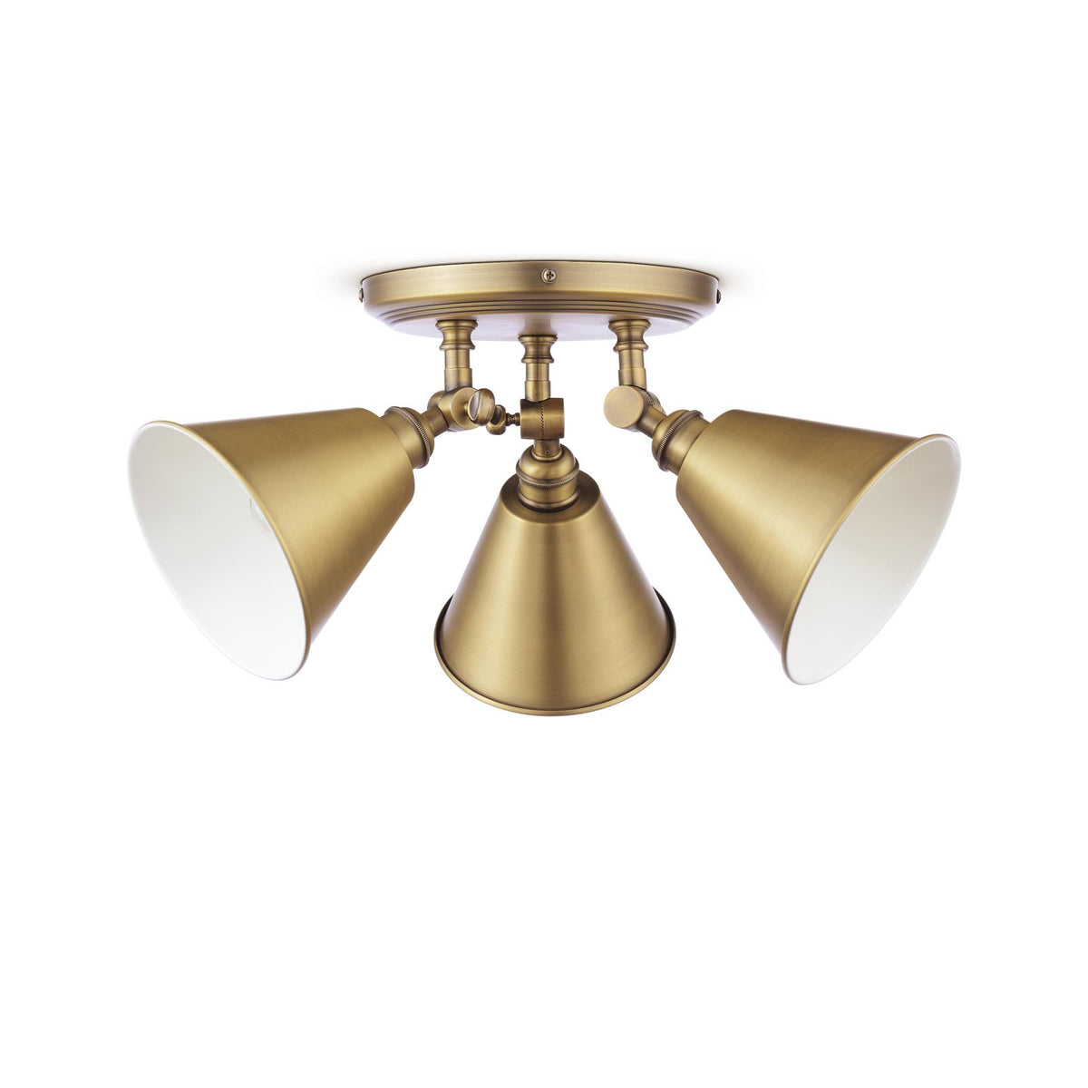 Wollaton Triple Round Ceiling Spotlight In Matt Antique Brass and Matt White