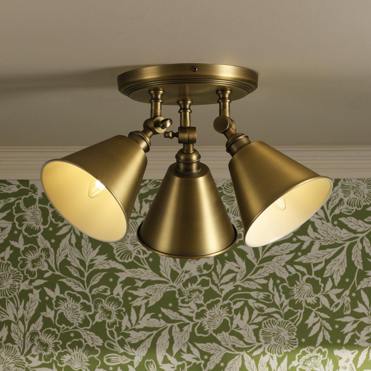 Wollaton Triple Round Ceiling Spotlight In Matt Antique Brass and Matt White