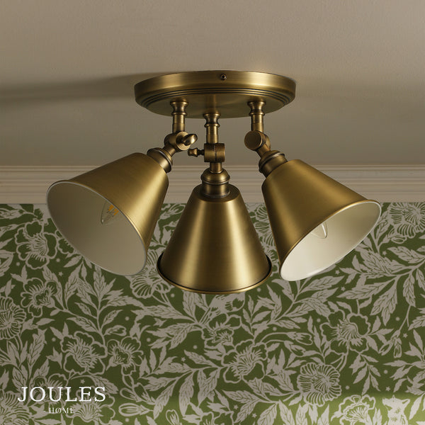 Wollaton Triple Round Ceiling Spotlight In Matt Antique Brass and Matt White
