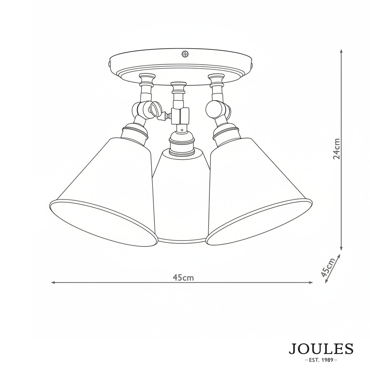 Line drawing of Joules Wollaton triple round ceiling spotlight with dimensions