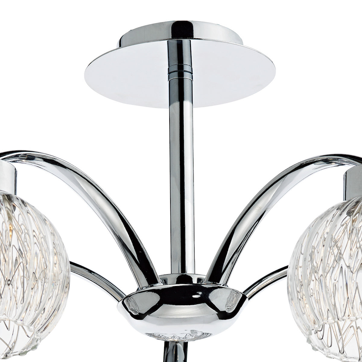Close-up of a chrome chandelier with three curved arms and clear, textured glass shades.