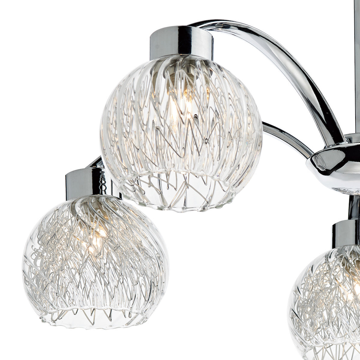 Close-up of a modern chandelier with three clear glass globe shades, each with a silver wire design.