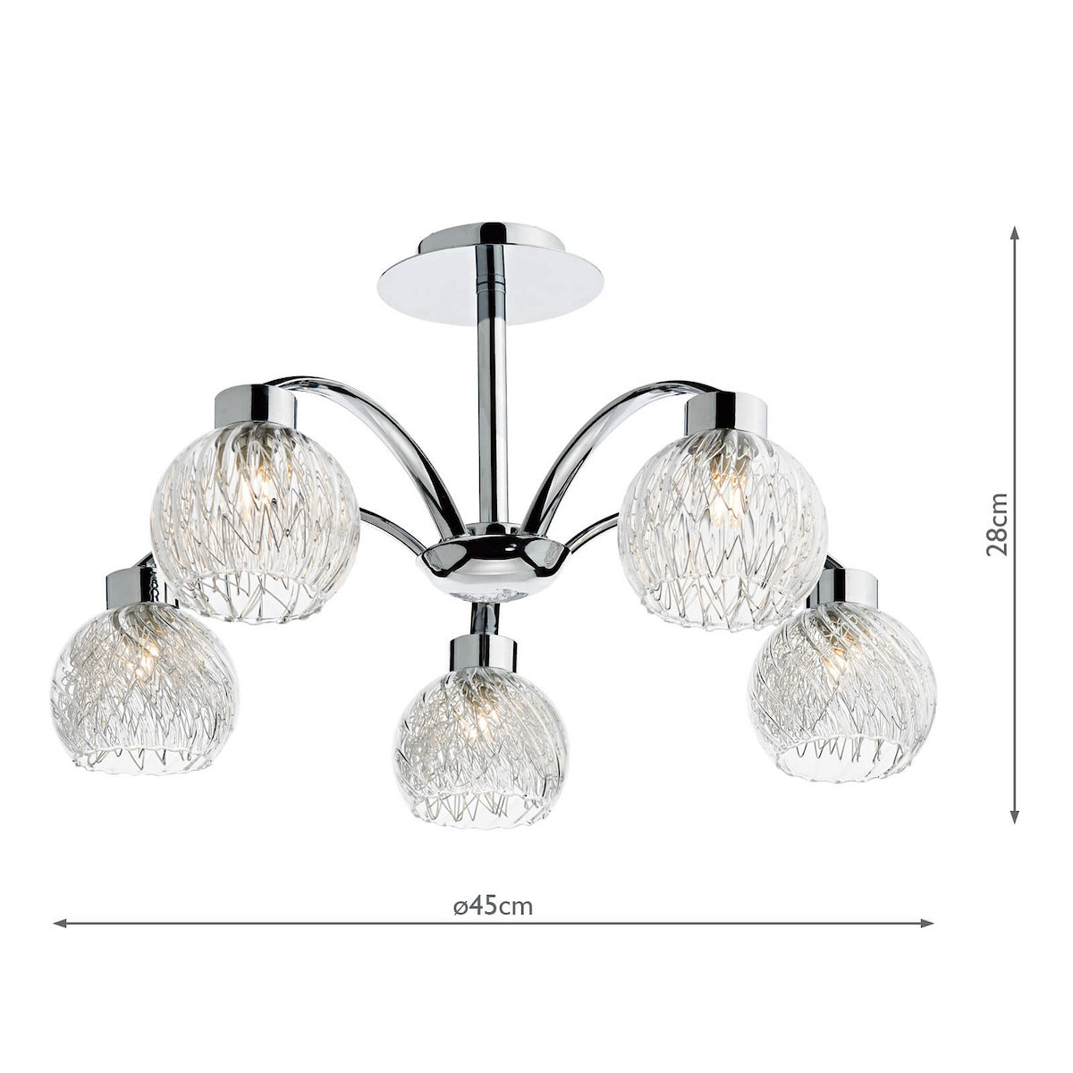 Chrome ceiling light with five clear, textured glass shades. It measures 28cm high and 45cm wide.