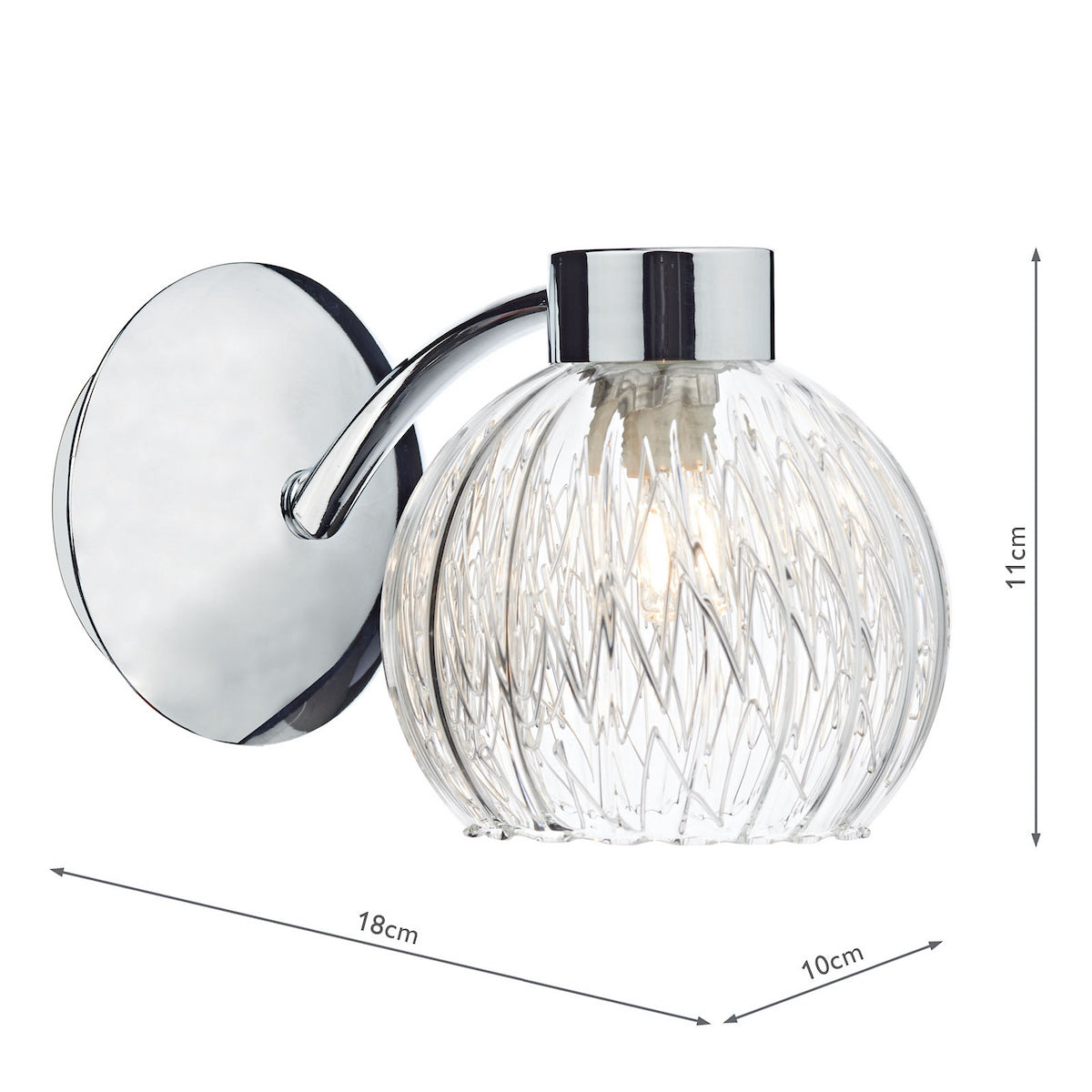 Chrome wall light with a clear, textured glass shade and exposed bulb, showing dimensions.