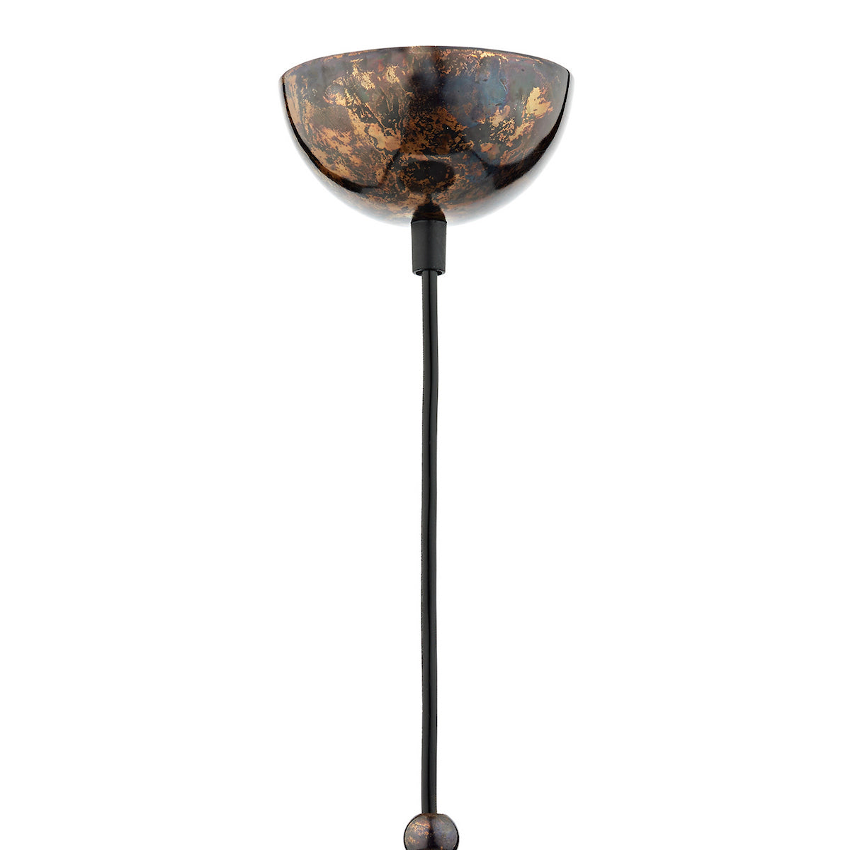 Close-up of a ceiling rose with a black cable and a decorative bronze finish.