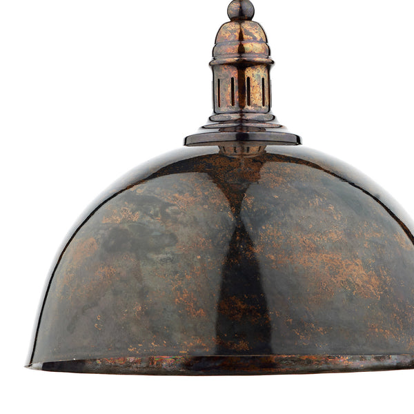 Close-up of a rustic bronze pendant light with a domed shade and decorative finial.