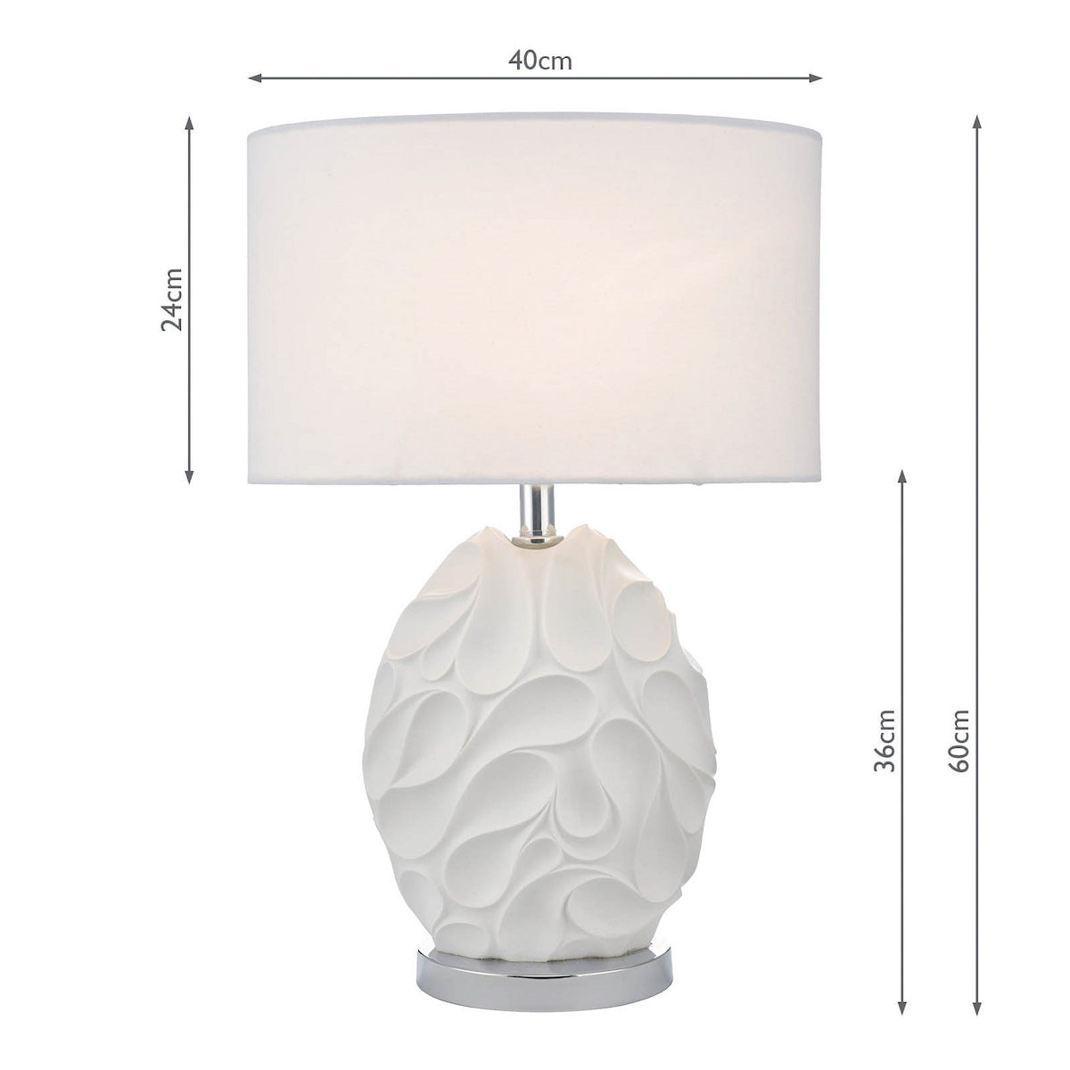 White table lamp with a textured base and a white fabric shade, showing dimensions.