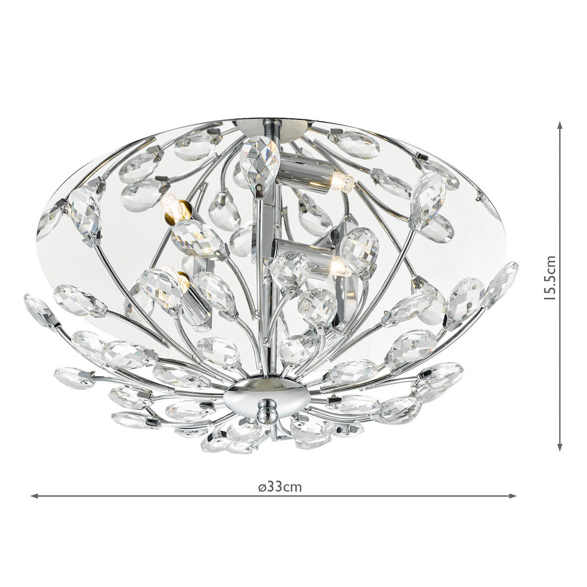 A chrome ceiling light with numerous clear crystal leaves and three visible bulbs, showing dimensions.