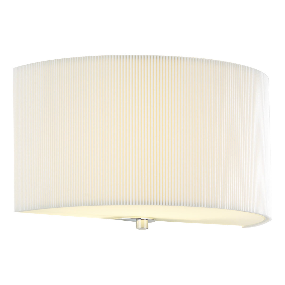 White pleated wall sconce with a curved shade and a silver accent at the bottom.