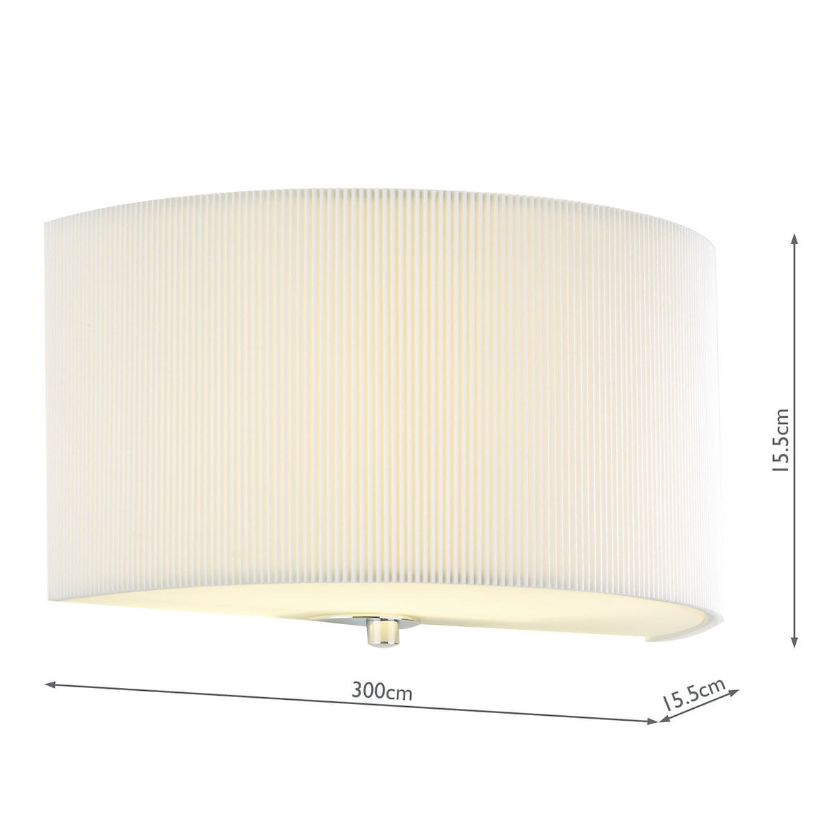 A semicircular wall light with a pleated cream shade and chrome accents, showing dimensions of 300cm by 15.5cm.