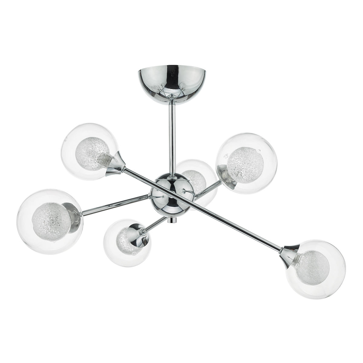 Chrome ceiling light with six clear glass globes containing frosted bulbs.