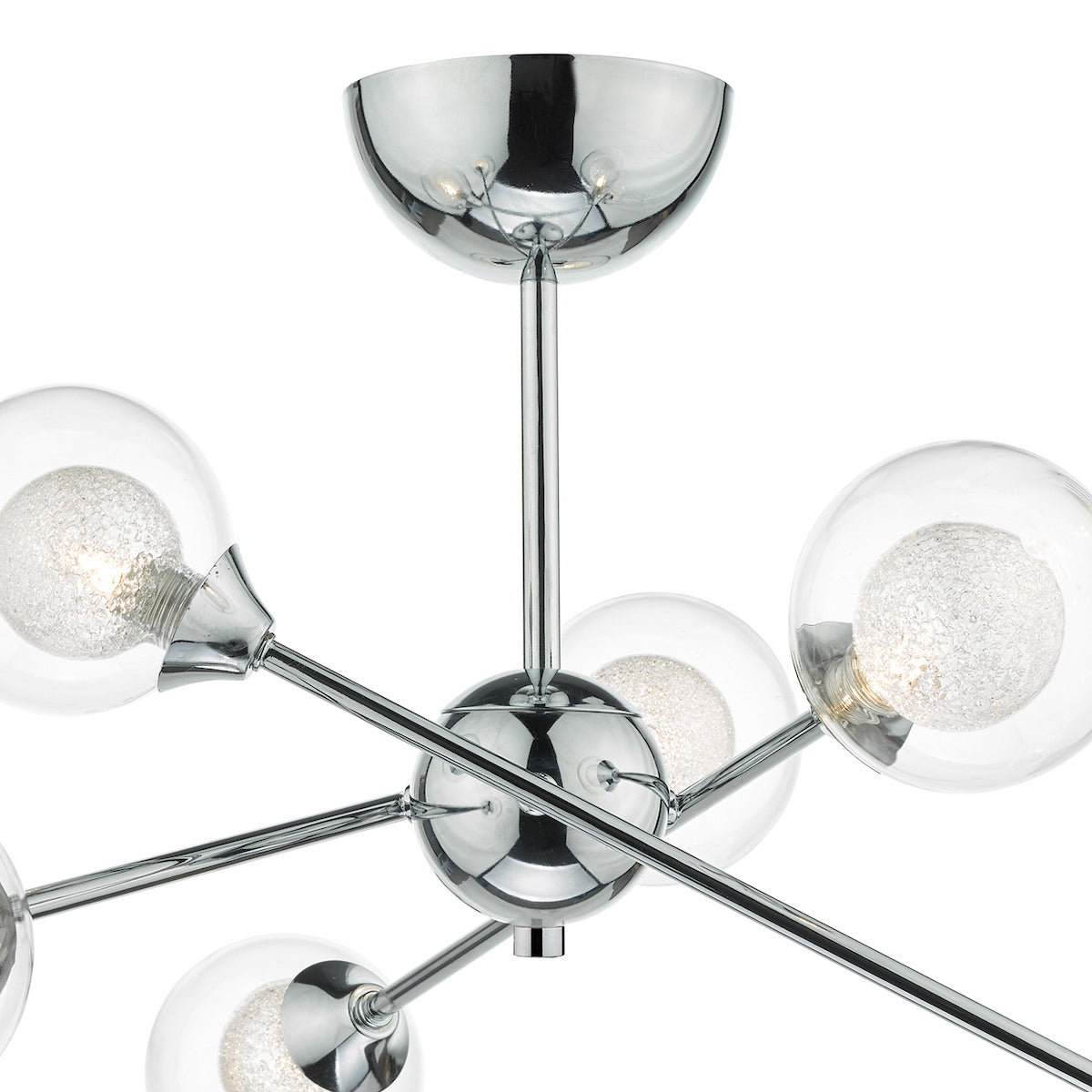 Close-up of a modern chrome chandelier with clear glass globes and textured inner bulbs.
